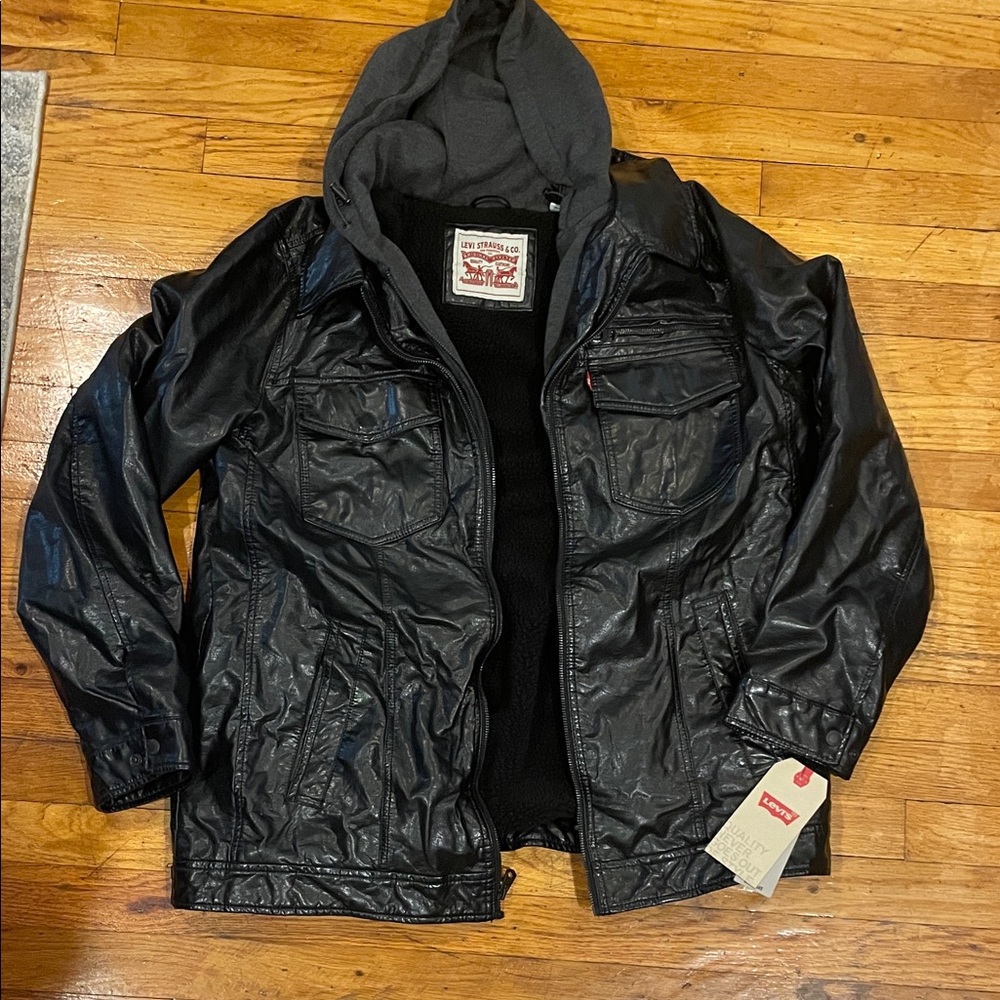 Levi's Black Hooded Leather Jacket